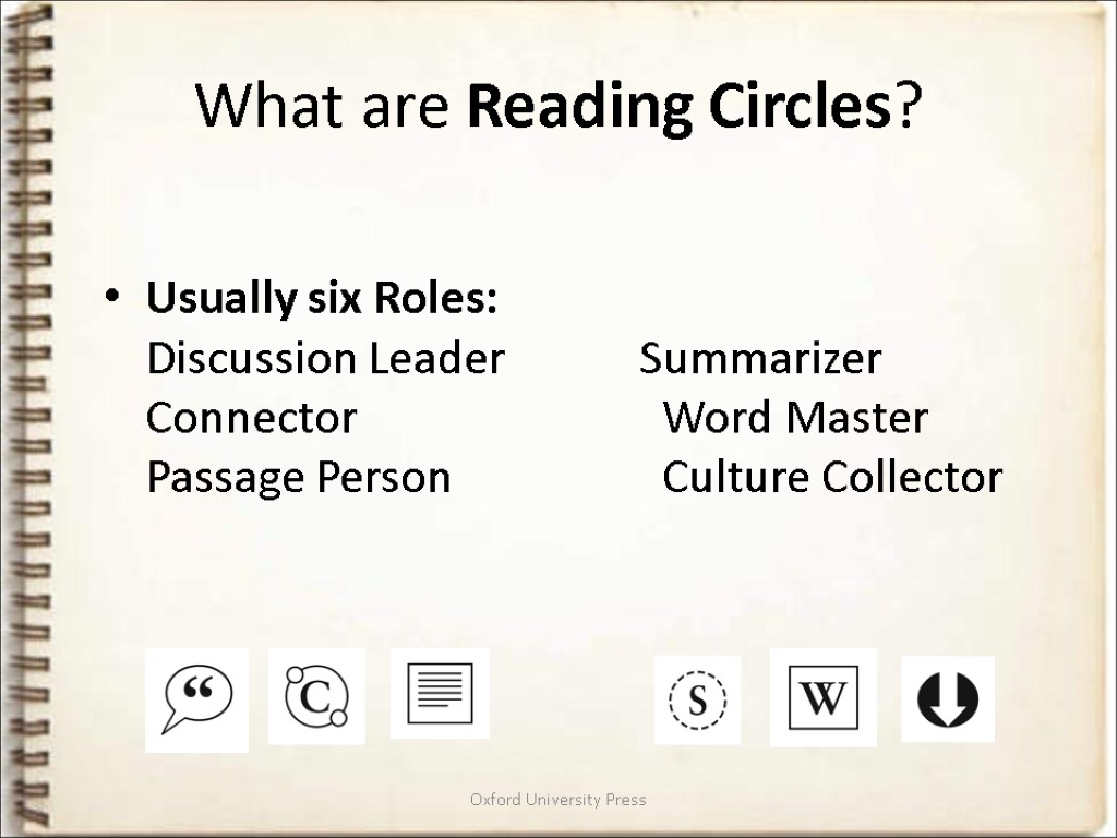 Oxford University Press What are Reading Circles? Usually six Roles: Discussion Leader Summarizer Connector
